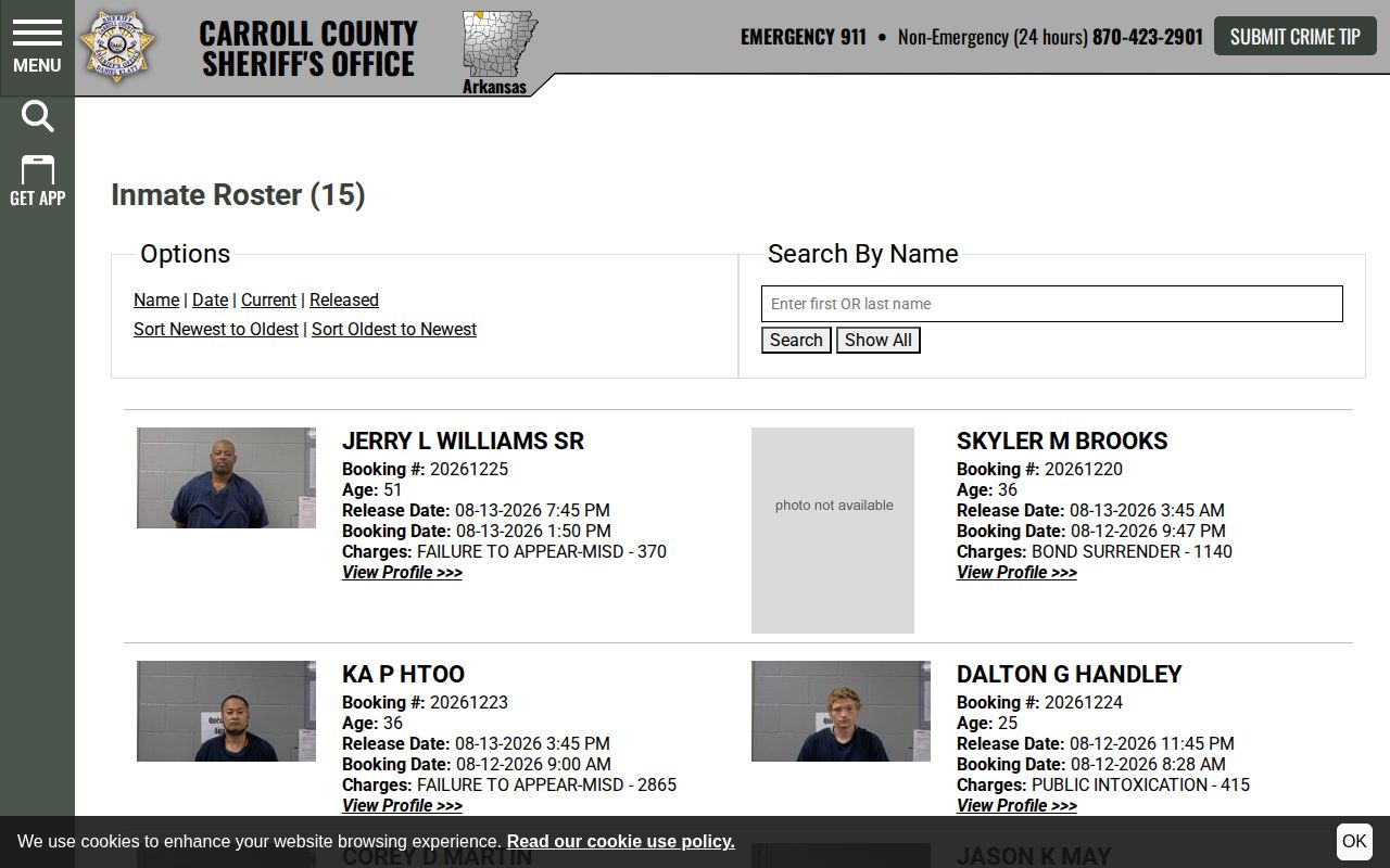 Carroll County 48 Hour Release booking record interface