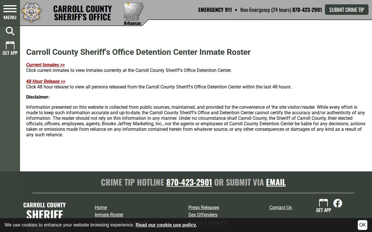 Carroll County official inmate roster gateway for booking and release records