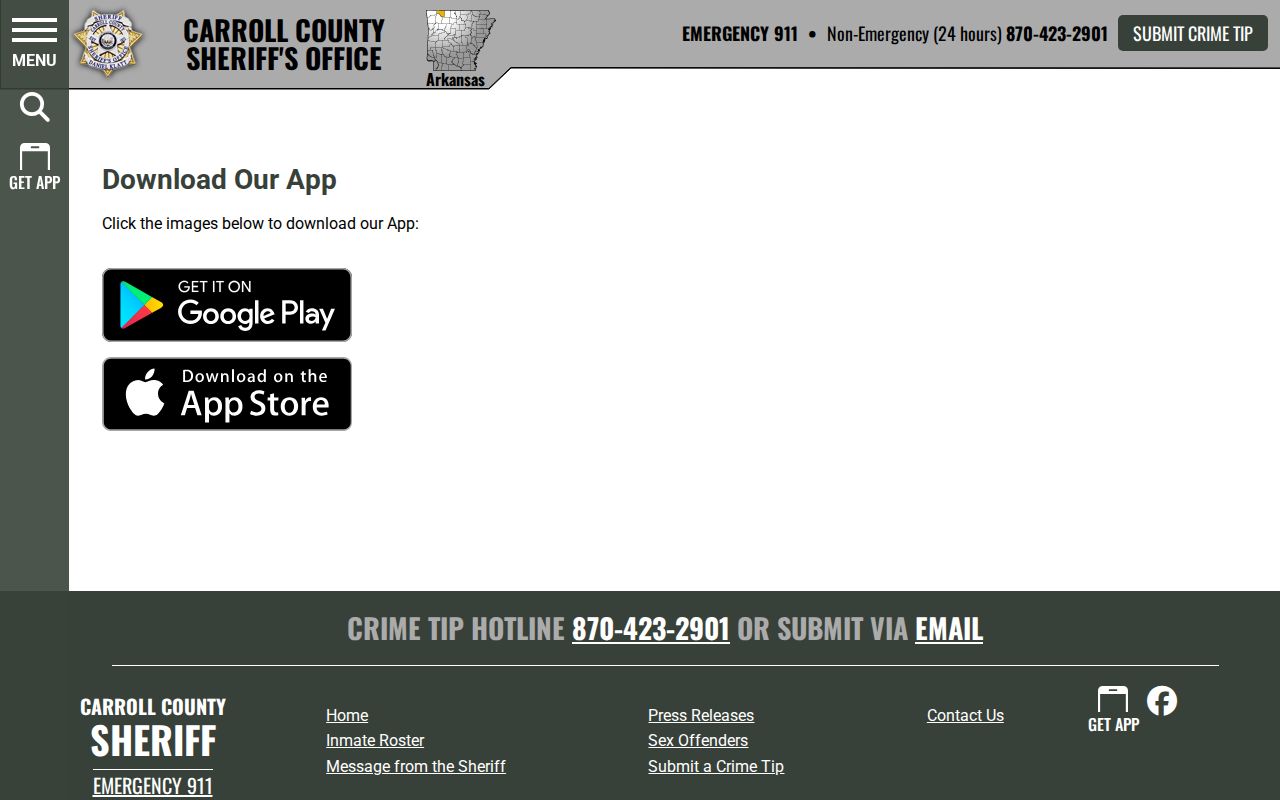 Carroll County Sheriff app landing page for inmate and booking information