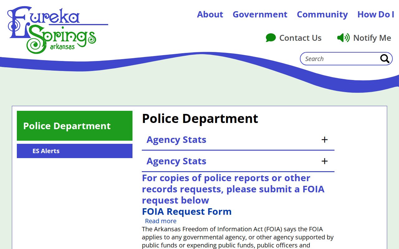 Eureka Springs Police Department official arrest-record and FOIA page in Carroll County