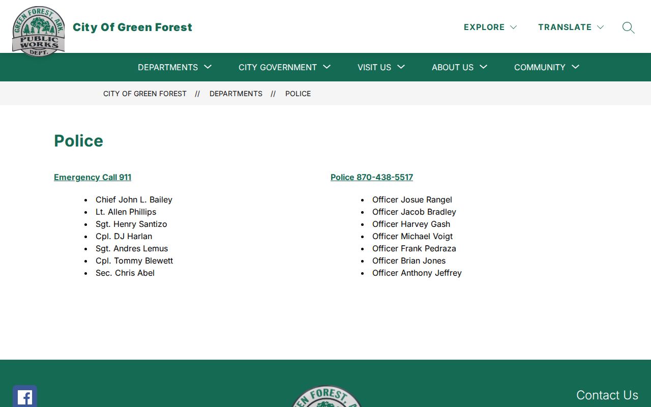Green Forest Police Department official arrest-record contact page in Carroll County