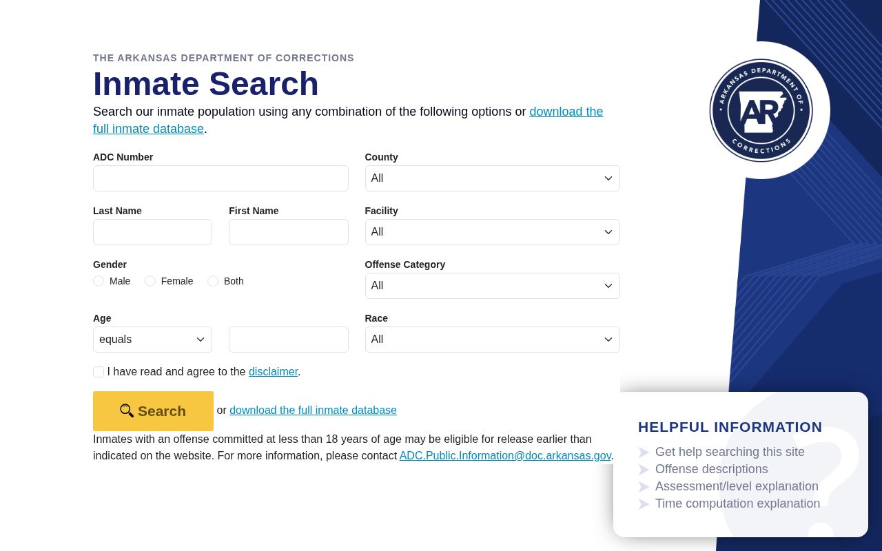 Arkansas DOC offender search form for Carroll County state custody records