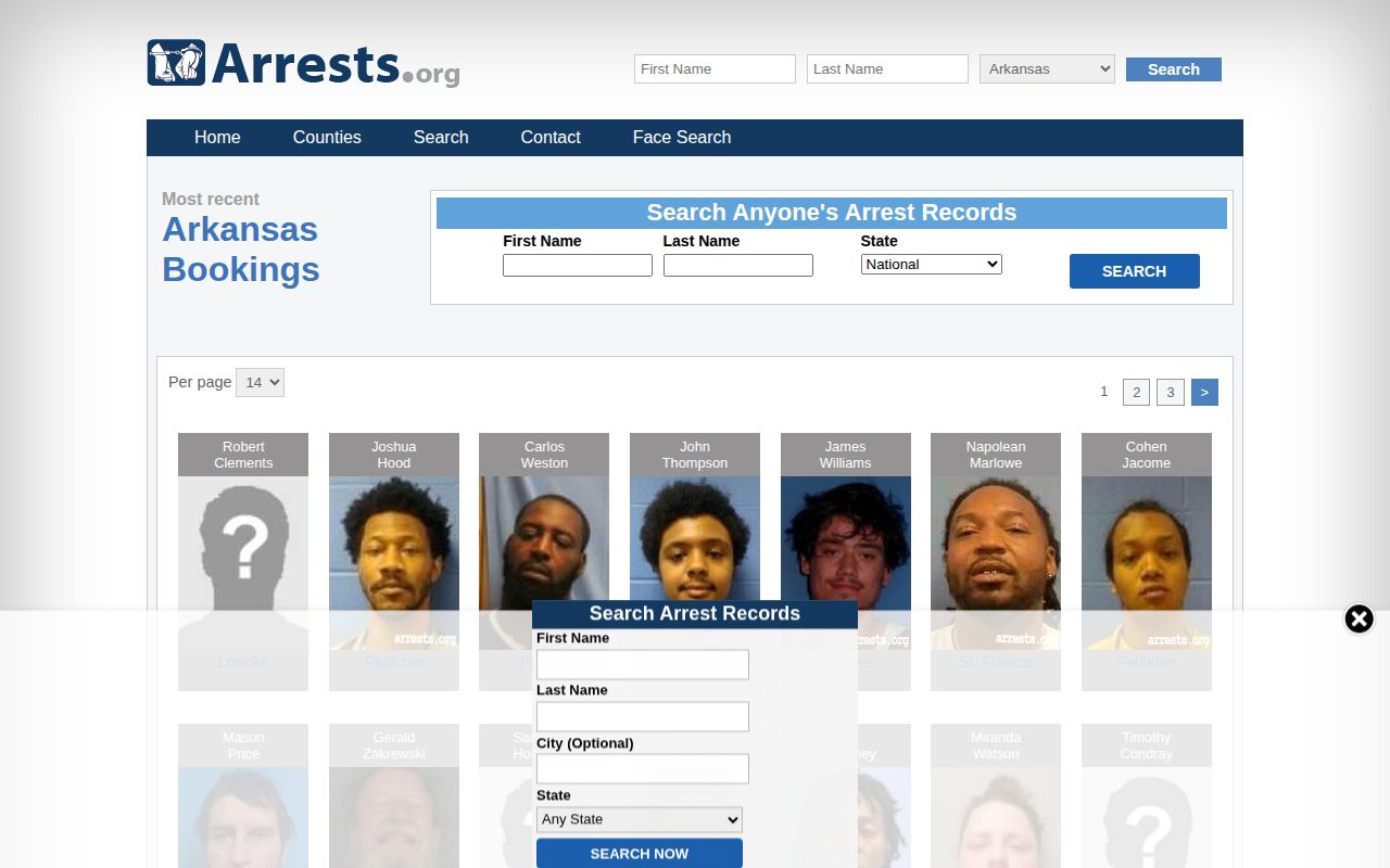 Arrests.org Arkansas county menu without a Carroll County section